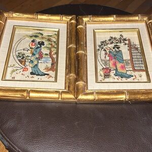 Pair of Asian art needlework framed and ready to hang.